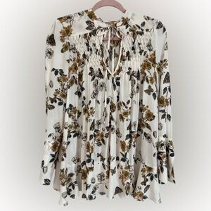 Free People Butterfly Nature Print Smocked Tie Front Blouse Size XS